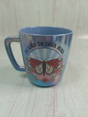PEARLIZED SHIMMER STONEWARE COFFEE MUG THYME AND TABLE "Be Kind To Your Mind"